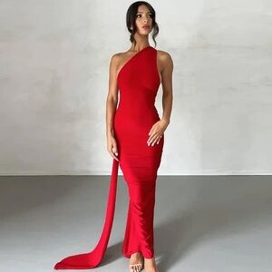 Red One-Shoulder Maxi Dress - Size Medium